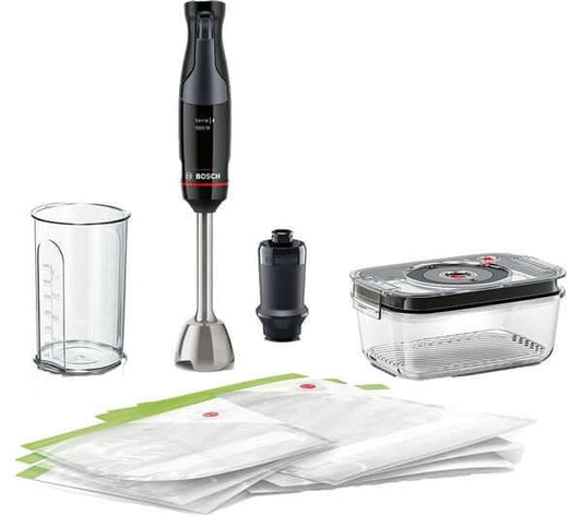 BOSCH SERIES 4 ErgoMaster hand blender kit with accessories, including container and vacuum bags, in black.