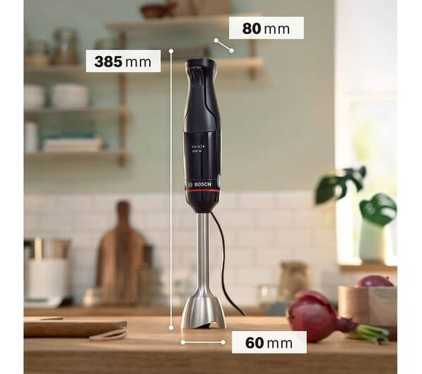 BOSCH SERIES 4 ErgoMaster MSM4B6V2GB hand blender with dimensions 385mm height, 80mm width, and 60mm base.