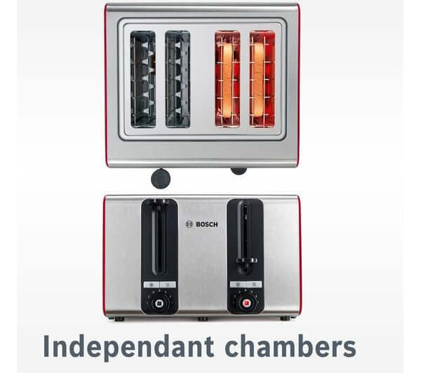 BOSCH SILICONE TAT7S44GB 1800W 4 SLICE TOASTER STAINLESS STEEL RED with independent chambers.