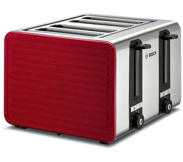 BOSCH SILICONE TAT7S44GB 1800W 4 SLICE TOASTER STAINLESS STEEL RED side view showcasing design and features.