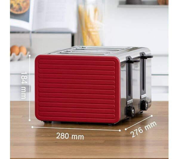 BOSCH SILICONE TAT7S44GB 1800W 4 SLICE TOASTER STAINLESS STEEL RED dimensions on wooden kitchen counter
