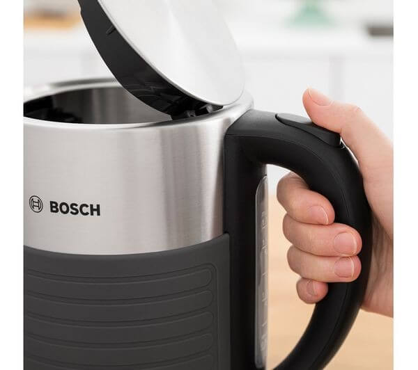 BOSCH Silicone TWK7S05GB 3000W 1.7L CORDLESS JUG STAINLESS STEEL KETTLE GRAPHITE showing lid opening and handle.