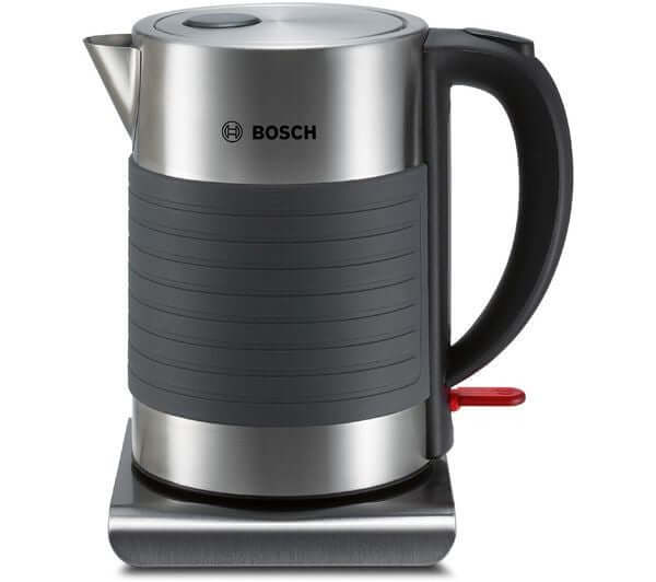 BOSCH Silicone TWK7S05GB 3000W 1.7L CORDLESS JUG STAINLESS STEEL KETTLE GRAPHITE on a base.