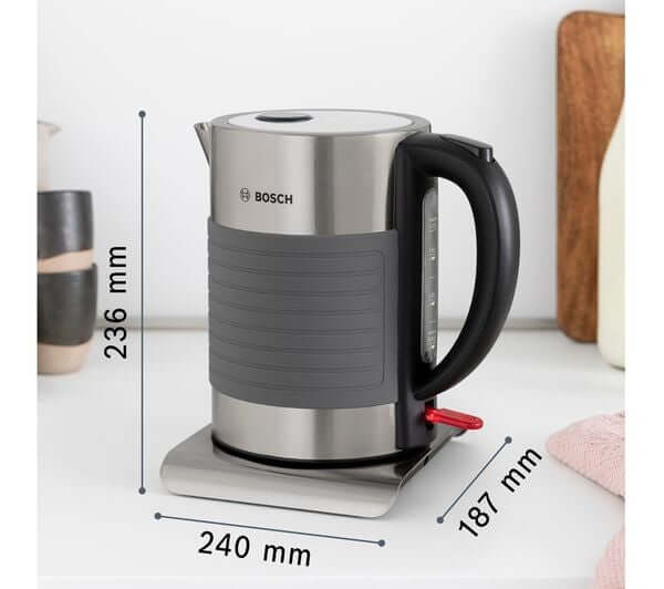 BOSCH Silicone TWK7S05GB 3000W 1.7L CORDLESS JUG STAINLESS STEEL KETTLE GRAPHITE with dimensions shown.