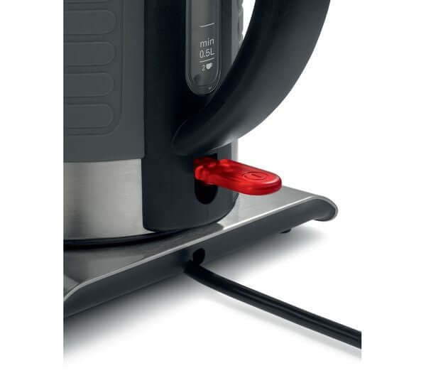 BOSCH Silicone TWK7S05GB 3000W 1.7L CORDLESS JUG STAINLESS STEEL KETTLE GRAPHITE with power switch detail.