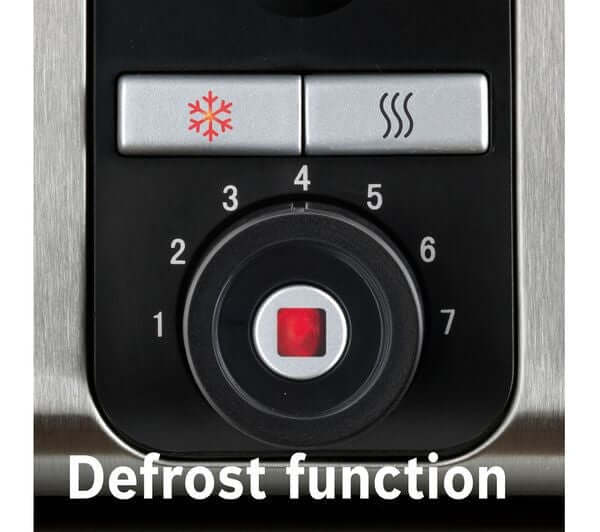 BOSCH SILICONE TAT7S44GB 1800W 4 SLICE TOASTER STAINLESS STEEL RED defrost function control panel