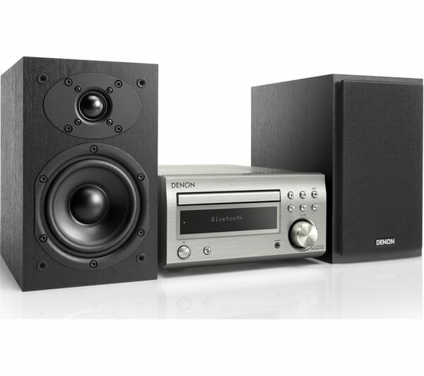 DENON DM-41DAB WIRELESS TRADITIONAL 60W HI-FI STEREO SYSTEM DAB CD BLUETOOTH with two black speakers.
