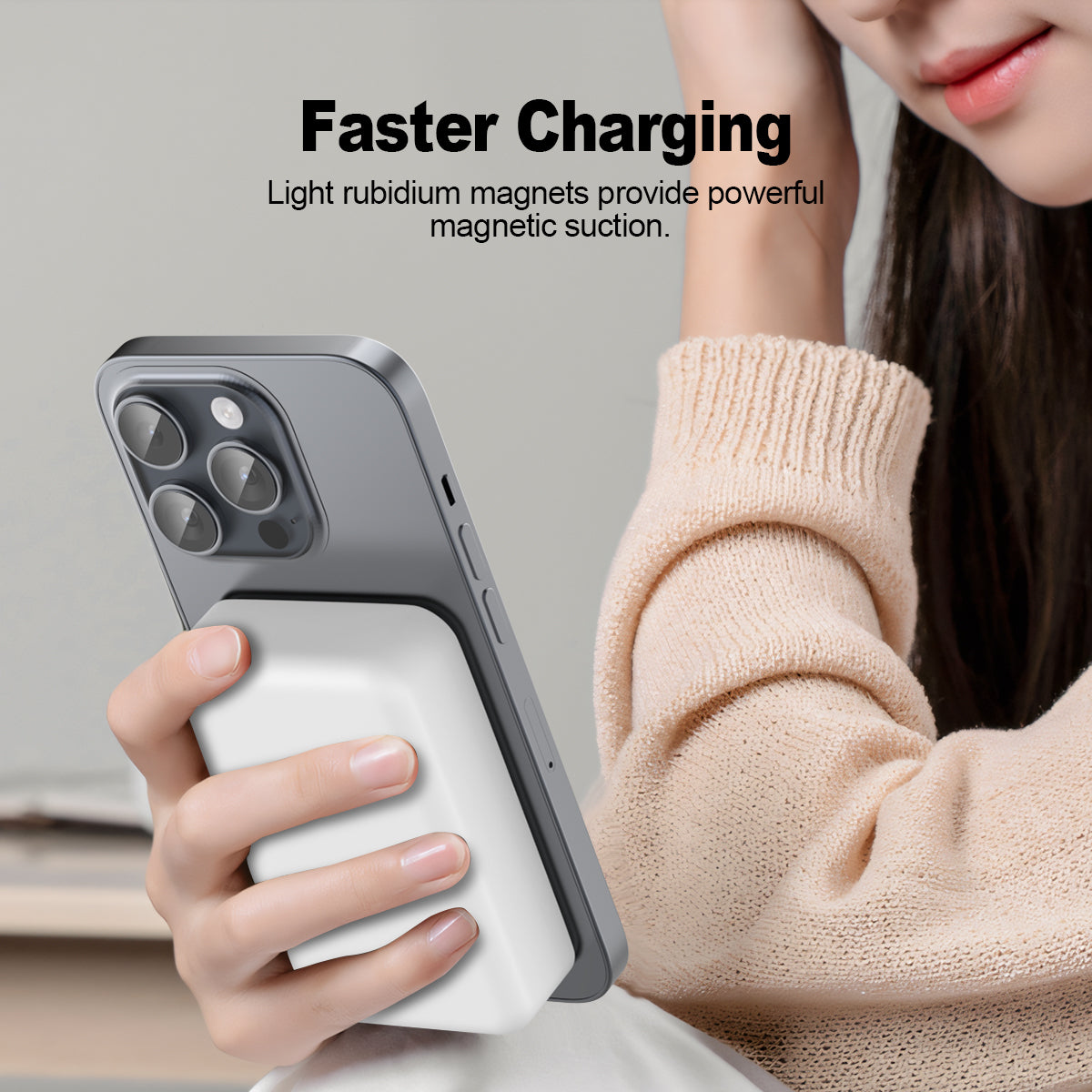 Eseekgo 10000mAh wireless power bank showcasing faster charging with magnetic suction on smartphone.