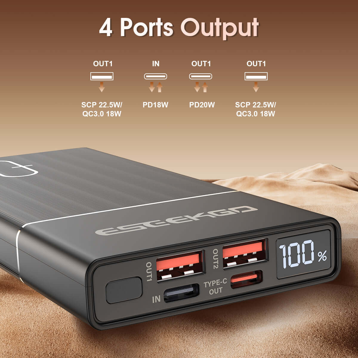 Eseekgo 10000mAh 22.5W digital display power bank showcasing 4 ports output and battery level indicator.