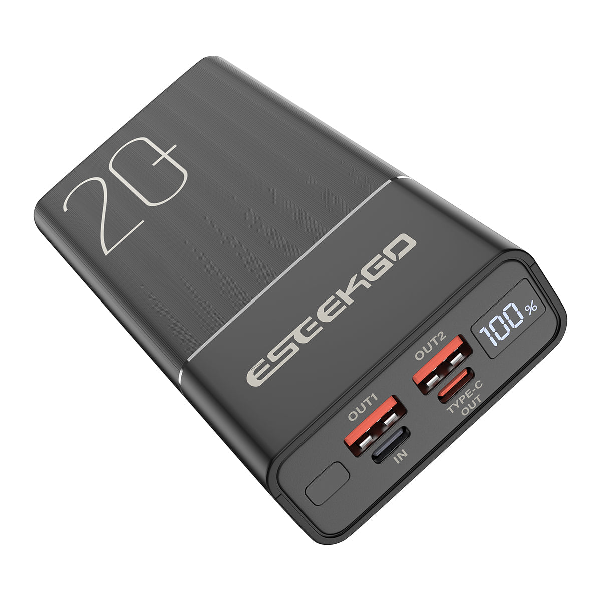 Eseekgo 20000mAh fast charging power bank with digital display for battery levels and multiple charging ports.