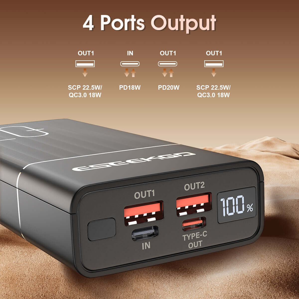 Eseekgo 20000mAh fast charging power bank with 4 ports and digital display for efficient charging.