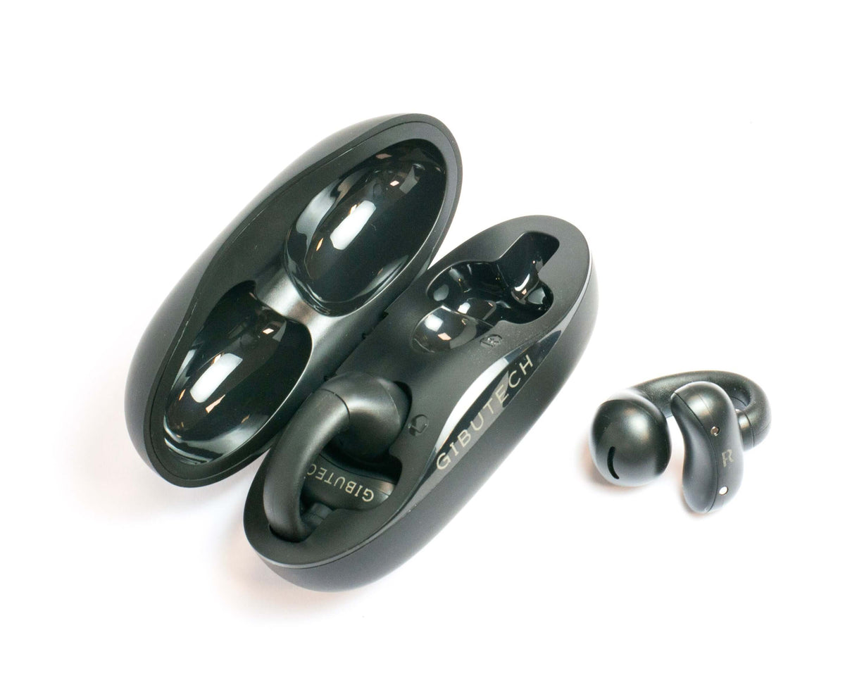Gibutech Ultra Open Wireless Bone Conduction Earbuds with Dual Mic in black, showcasing the charging case and earbuds.