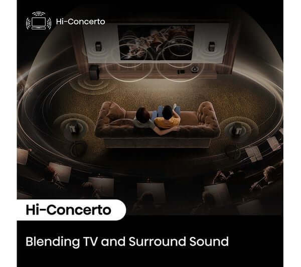 Couple enjoying TV and surround sound experience with Hi-Concert technology in a cozy living room.