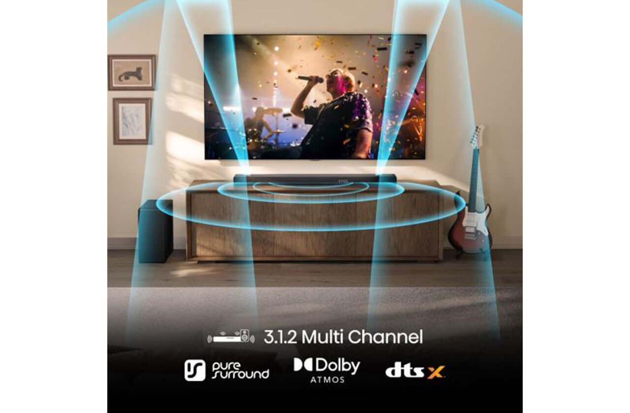 HISENSE AX3120Q 3.1.2 WIRELESS SOUNDBAR SUBWOOFER DOLBY ATMOS DTS Virtual:X NEW displayed in a modern living room.
