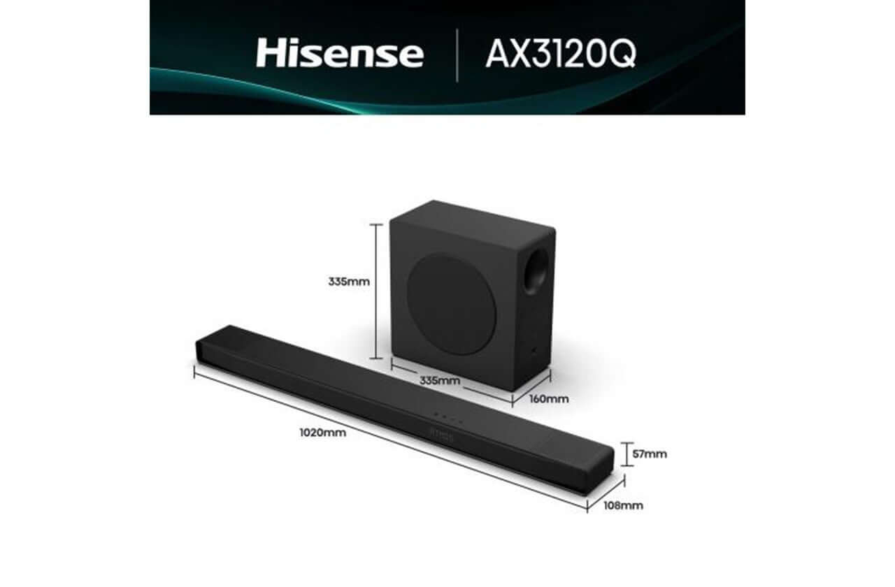 HISENSE AX3120Q 3.1.2 WIRELESS SOUNDBAR SUBWOOFER DOLBY ATMOS DTS Virtual:X NEW dimensions of soundbar and subwoofer