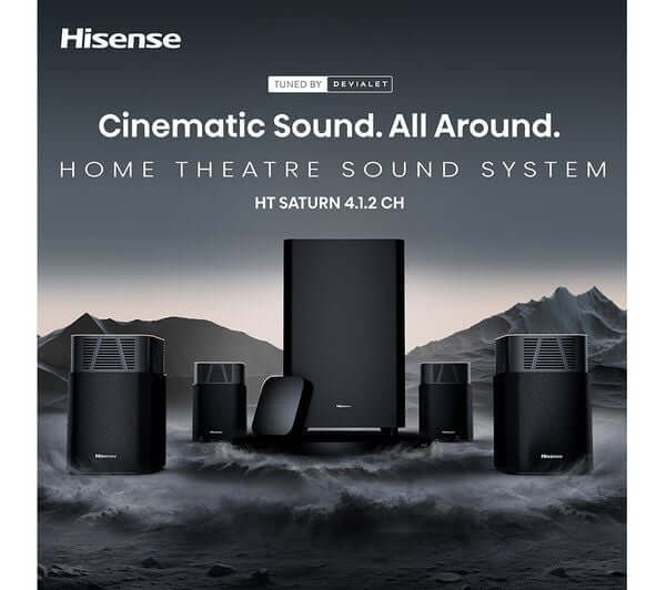 HISENSE HT SATURN 4.1.2 WIRELESS 720W SOUNDBAR DOLBY ATMOS & DTS Virtual:X NEW with home theatre speakers.