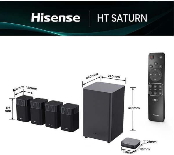 HISENSE HT SATURN 4.1.2 WIRELESS 720W SOUNDBAR DOLBY ATMOS & DTS Virtual:X NEW product image with subwoofer and speakers.