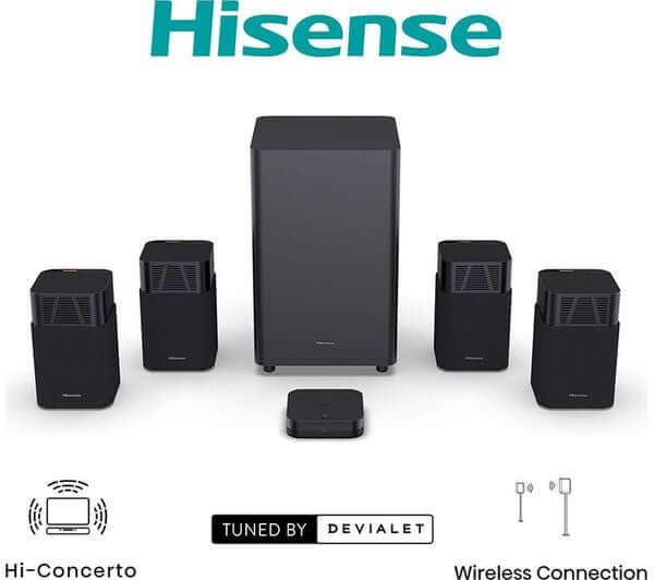 HISENSE HT SATURN 4.1.2 WIRELESS 720W SOUNDBAR DOLBY ATMOS & DTS Virtual:X NEW with wireless subwoofer and speakers.
