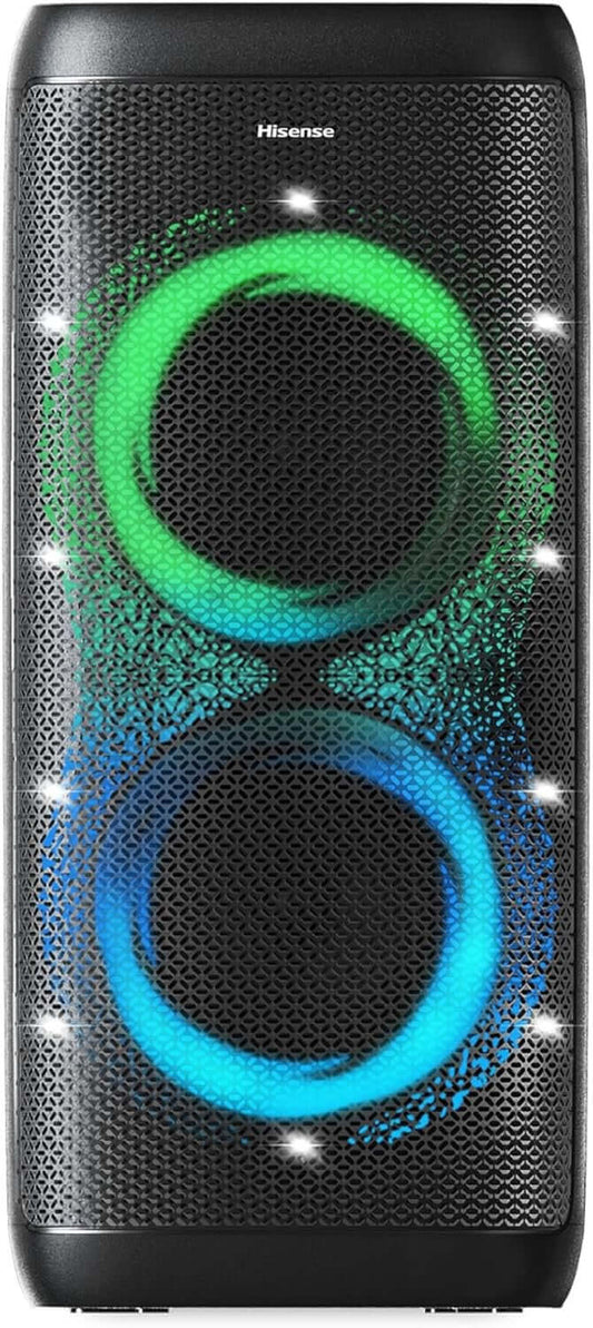 HISENSE PARTY THUNDER PORTABLE BLUETOOTH MEGASOUND 620W PARTY SPEAKER LED LIGHTS with vibrant blue and green LED lights.