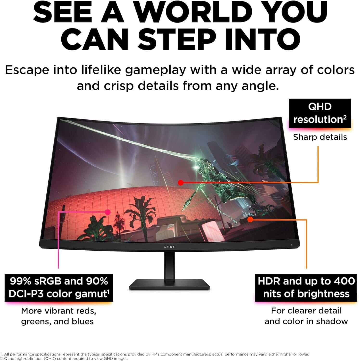 HP OMEN 32c curved gaming monitor showcasing QHD resolution, vibrant colors, and HDR for immersive gameplay.