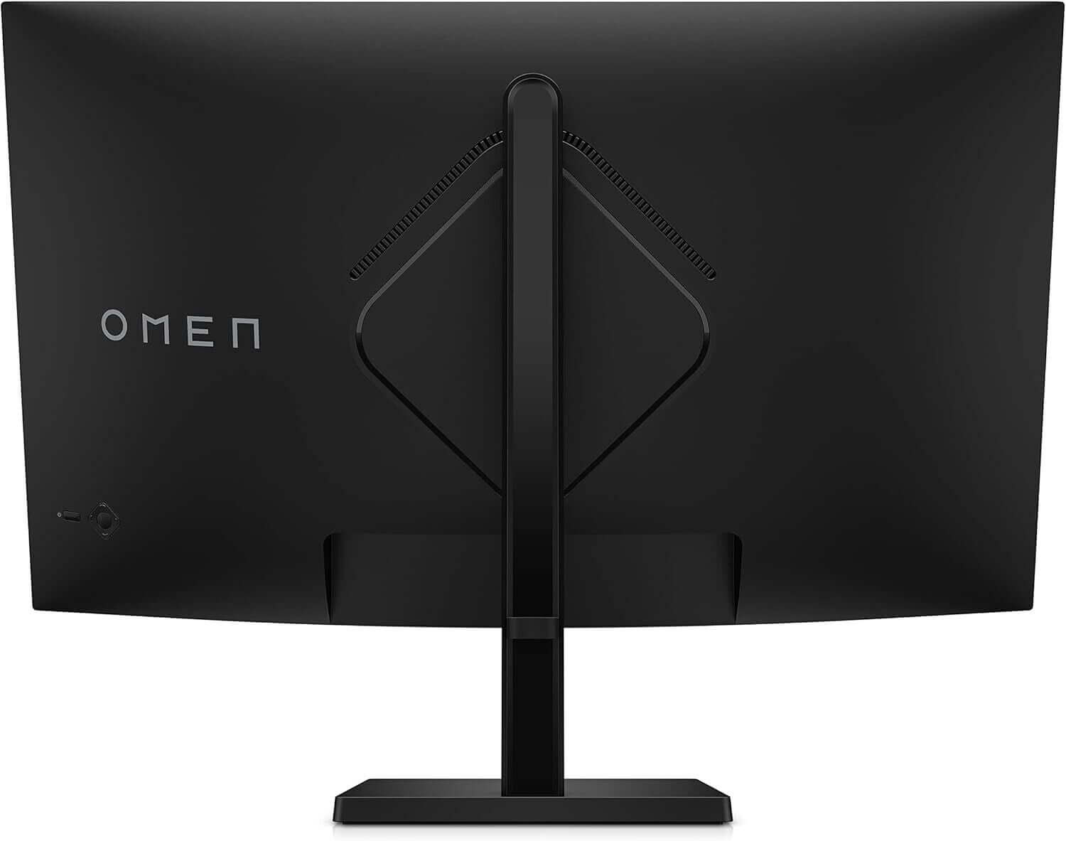 Rear view of HP OMEN 32c curved gaming monitor with adjustable stand and logo, showcasing sleek black design.