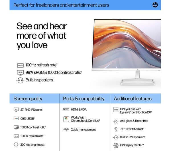 HP SERIES 5 527SA FULL HD 27" IPS LCD MONITOR 1080p 100Hz 5MS MONITOR HDMI VGA features and specifications