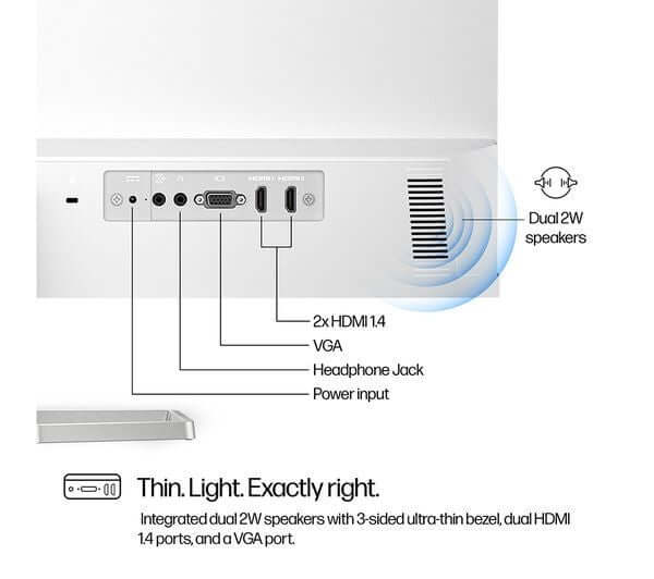 HP SERIES 5 527SA FULL HD 27" IPS LCD MONITOR 1080p 100Hz 5MS MONITOR HDMI VGA rear ports and speakers illustration.