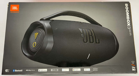 JBL BOOMBOX 3 WIFI PORTABLE BLUETOOTH 2.1 WIRELESS SPEAKER WATERPROOF IP67 BLACK packaging and details.