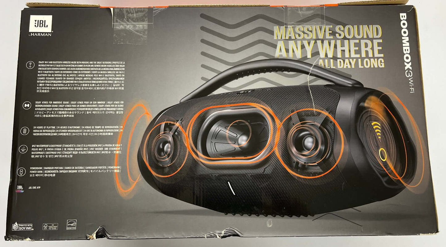 JBL BOOMBOX 3 WIFI PORTABLE BLUETOOTH 2.1 WIRELESS SPEAKER WATERPROOF IP67 BLACK on display, showcasing features and design.