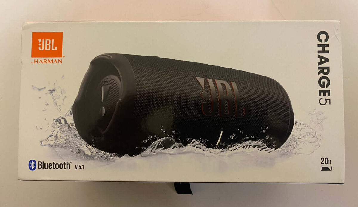 JBL CHARGE 5 PORTABLE 40W BLUETOOTH WIRELESS SPEAKER WATERPROOF BLACK IP67 USB in packaging with water splash design