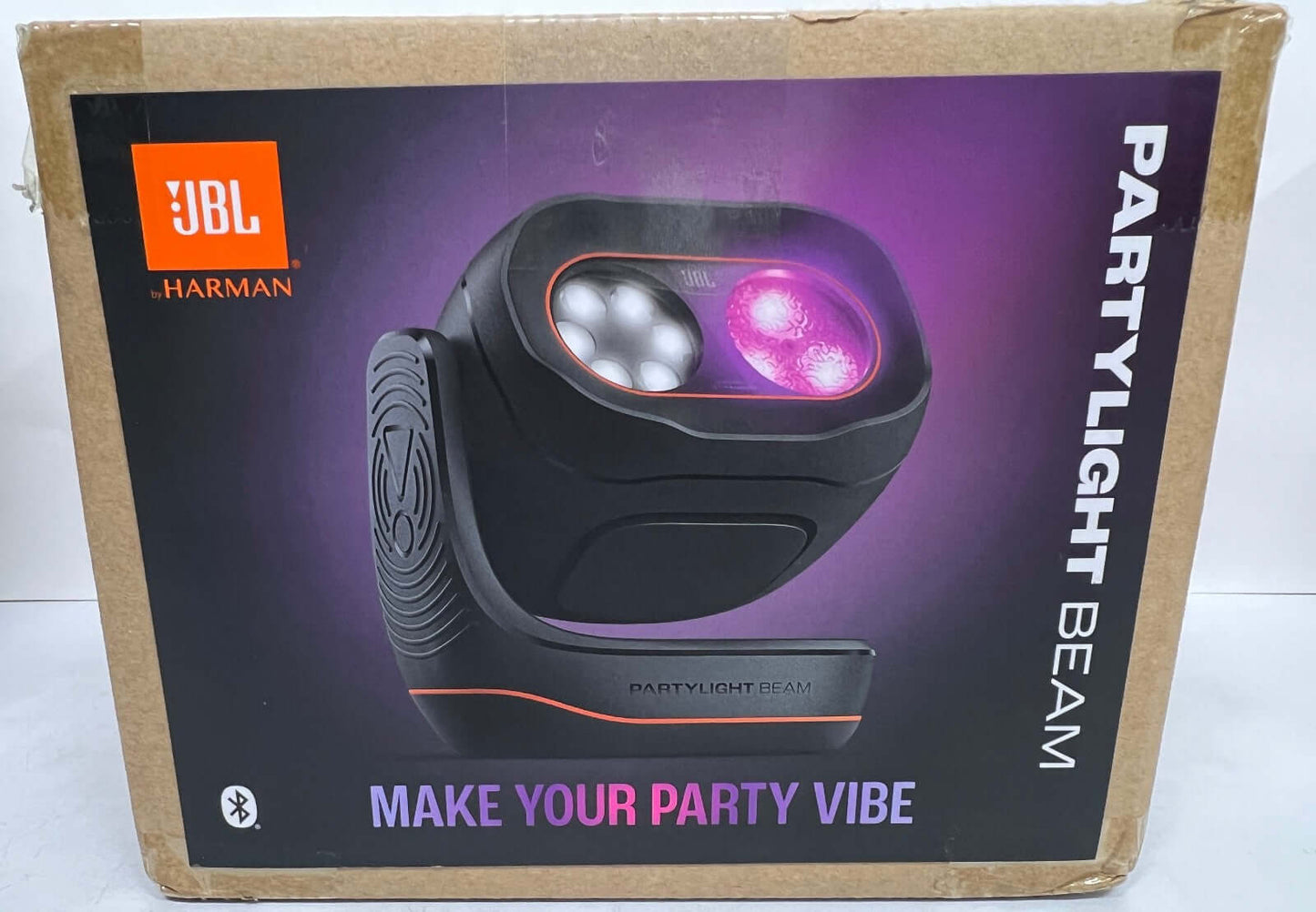 JBL PARTYLIGHT LIGHT BEAM BLUETOOTH PARTY RGB LED LIGHTING JBLPLBEAMEU BLACK NEW in packaging with vibrant lights.