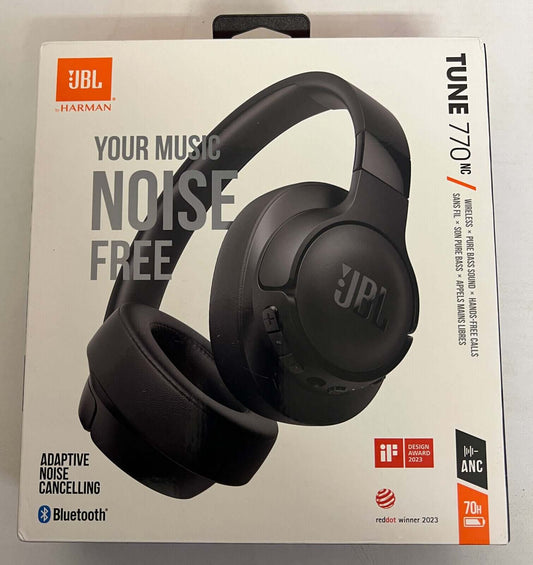 JBL Tune 770NC wireless Bluetooth headphones with active noise cancelling, black packaging, displaying features and awards.