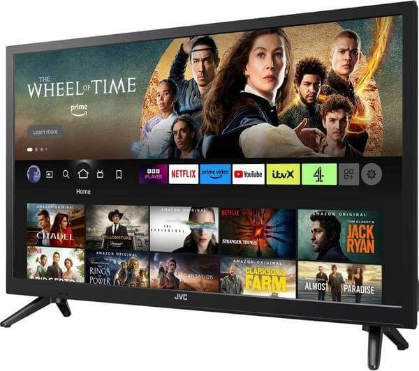 JVC LT-24CF230 24" FIRE TV SMART HD 1080P HDR10 LED TV AMAZON ALEXA HDMI USB showcasing streaming options.