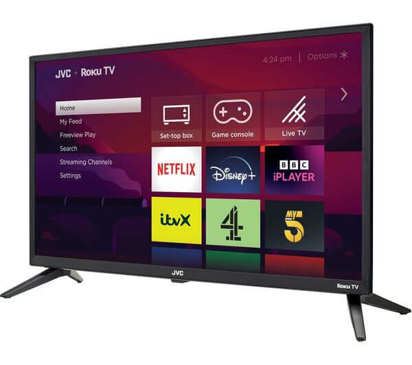 JVC LT-24CR230 24” ROKU TV SMART HDR10 HD LED TV FREEVIEW HD PLAY HDMI x3 USB with Roku interface and streaming options.