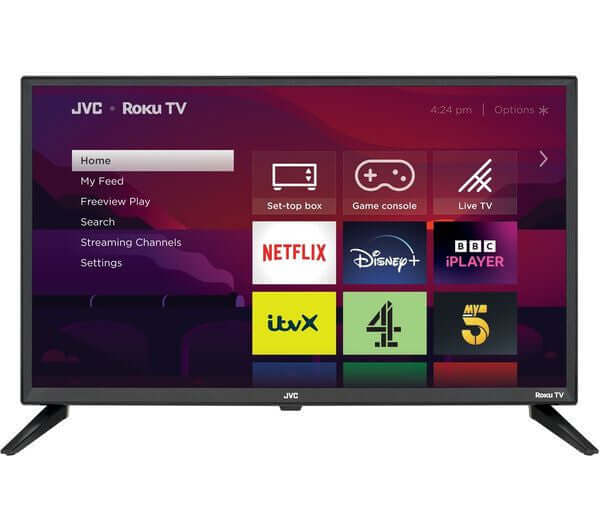 JVC LT-24CR230 24” ROKU TV SMART HDR10 HD LED TV FREEVIEW HD PLAY HDMI x3 USB displayed with streaming options.