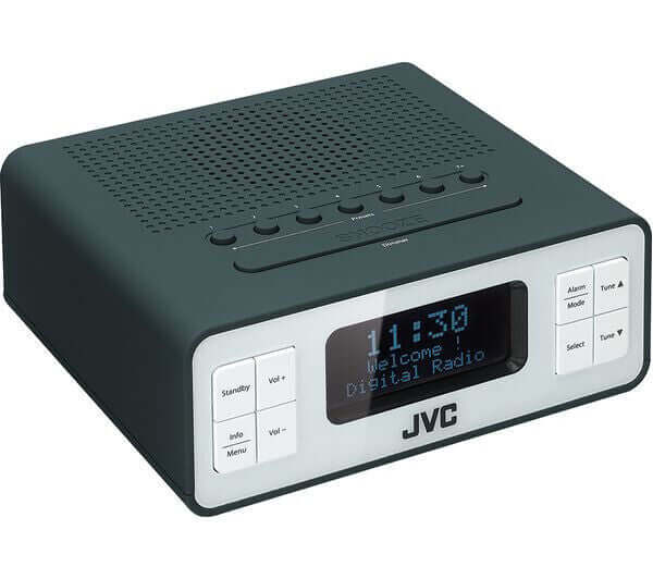 JVC RA-D32H DAB+ FM CLOCK RADIO LCD DISPLAY ALARM 60 PRESETS 3.5MM AUX GREY on a table with digital clock display.