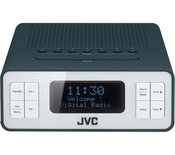 JVC RA-D32H DAB+ FM CLOCK RADIO LCD DISPLAY ALARM 60 PRESETS 3.5MM AUX GREY front view with LCD display.