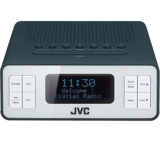 JVC RA-D32H DAB+ FM CLOCK RADIO LCD DISPLAY ALARM 60 PRESETS 3.5MM AUX GREY front view with LCD display.