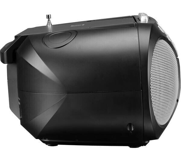 JVC RC-D322B wireless Bluetooth DAB+ FM boombox in black, side view showcasing design and features.