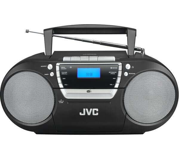 JVC RC-D322B Black Wireless Bluetooth DAB+ FM Boombox with CD and cassette player, LCD display, and USB port.