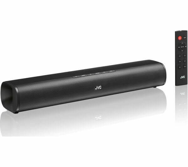 JVC TH-D227BA 30W RMS compact soundbar speaker with remote control, offering Bluetooth connectivity and optical input.
