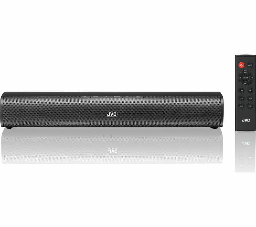 JVC TH-D227BA compact soundbar speaker with remote control, featuring 30W RMS and Bluetooth connectivity.