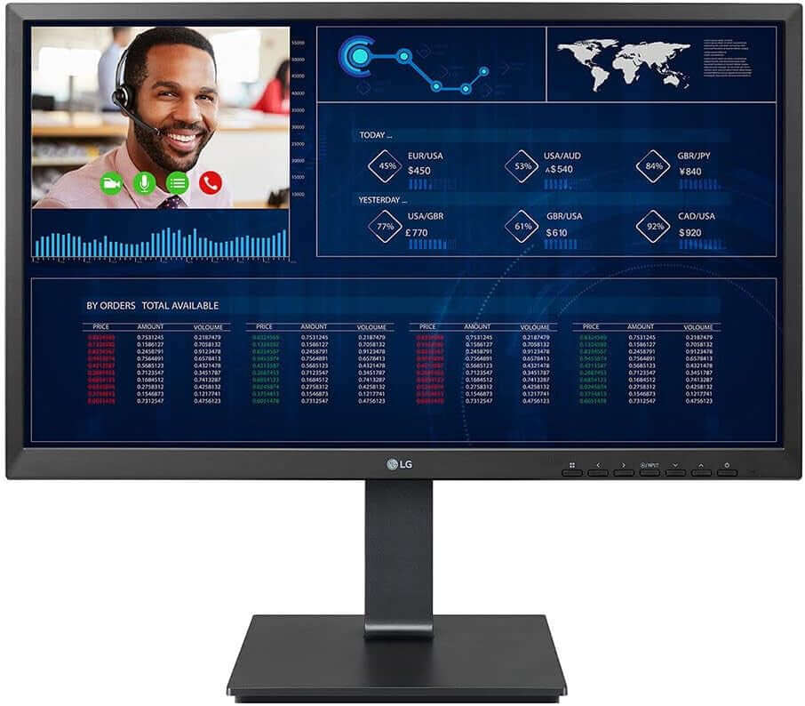 LG 24CQ650N-6N 24" THIN CLIENT MONITOR ALL-IN-ONE1080P PENTIUM N5105 4GB DDR4 displaying data and video call.