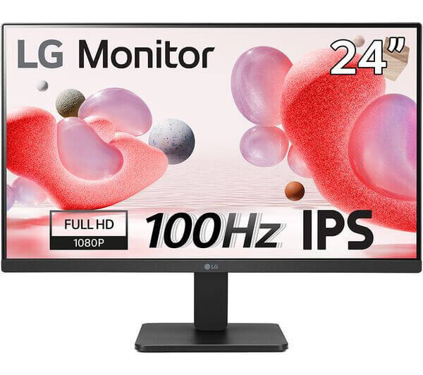 LG 24" IPS LCD monitor showcasing Full HD 1080p and 100Hz refresh rate for vibrant visuals.