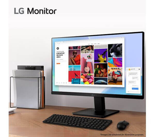 LG 24MR400 24" Full HD IPS Monitor displaying vibrant creative designs with keyboard and mouse on desk.