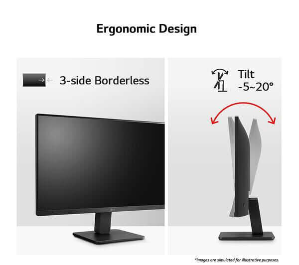 Image showcasing ergonomic design of LG monitor with 3-side borderless feature and tilt adjustment of -5° to 20°.
