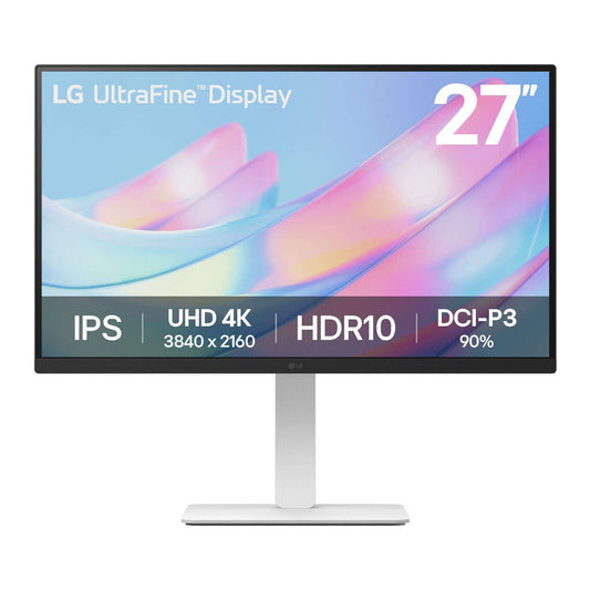 LG 27" MONITOR UHD ULTRAFINE 4K IPS 2160P 5MS 60Hz HDR10 HDMI WHITE 27US550-W on display with vibrant colors.