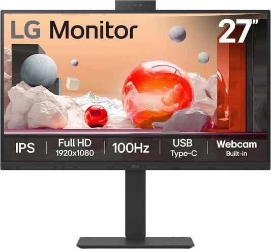 LG 27 inch Full HD IPS Monitor with 100Hz refresh rate, USB Type-C, and built-in webcam.