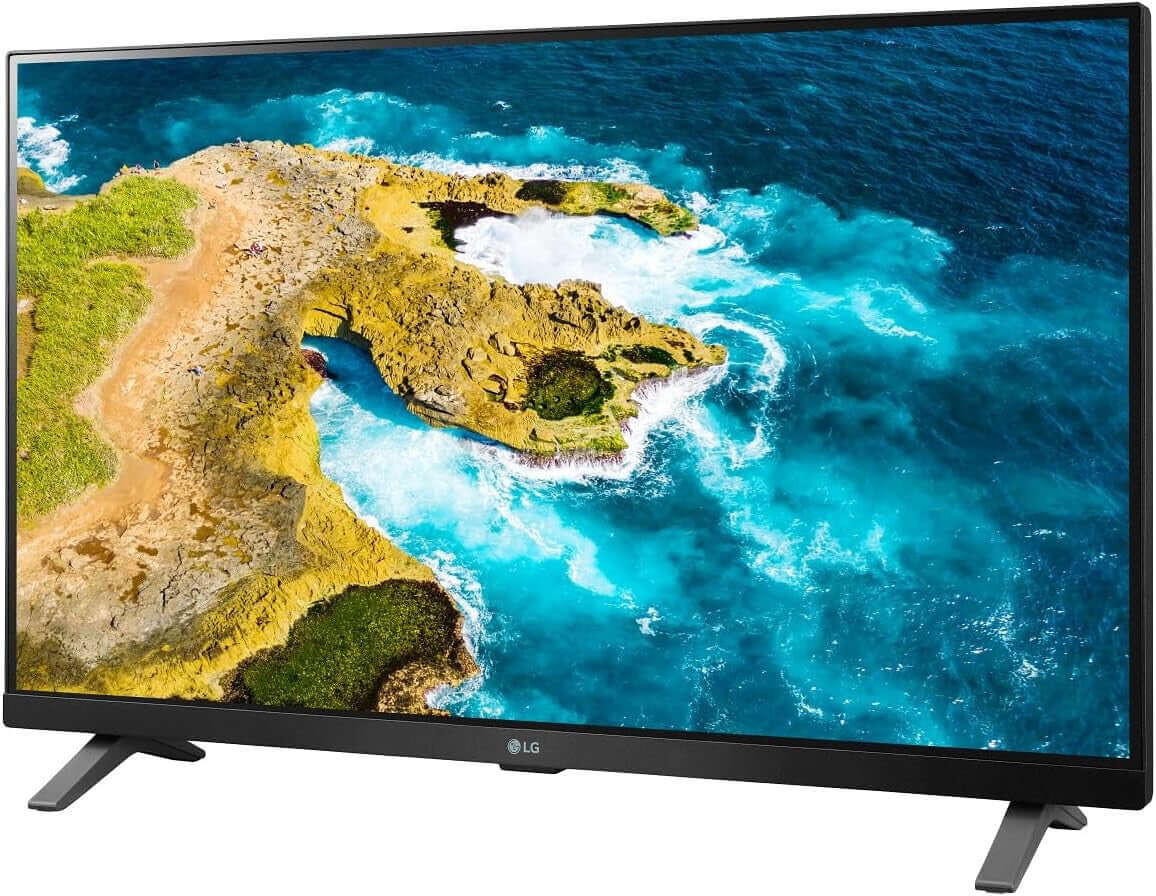 LG 27TQ625S 27" TV SMART LED FULL HD MONITOR WIFI FREESAT HD HDMI USB BLACK displayed with vibrant coastal scenery.