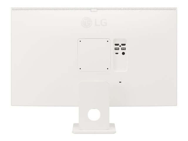 Back view of LG 27U731SA-W 27" SMART 4K MONITOR UHD ULTRA HD IPS 2160P 5MS HDR10 HDMI WHITE showcasing connectivity ports.